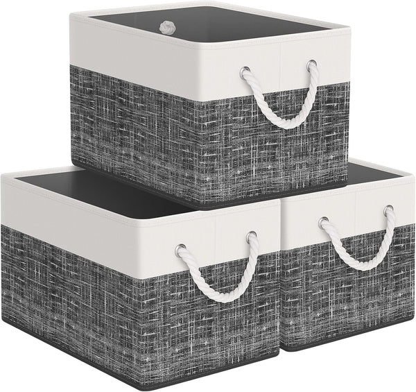 Storage Bin, Collapsible Storage Basket for Organizing, Large Storage Boxes with Rope Handles, White & Black, Pack of 3