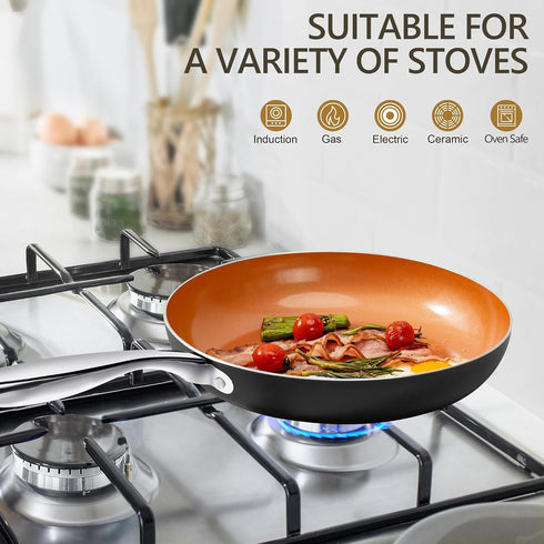 MICHELANGELO 10 Inch Copper Nonstick Frying Pan with Lid, Scratch Resistant Ceramic Coating