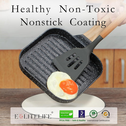 ESLITE LIFE 8 Inch Nonstick Small Grill Pan, Versatile Induction Square Grilling Skillet for Indoor Cooking