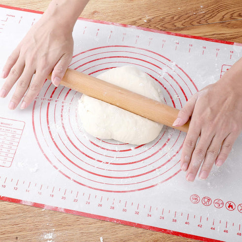 QUELLANCE Wood French Rolling Pin for Baking, Wooden Dough Roller with Silicone Baking Mat, Beech Wood, Red Pastry Mat