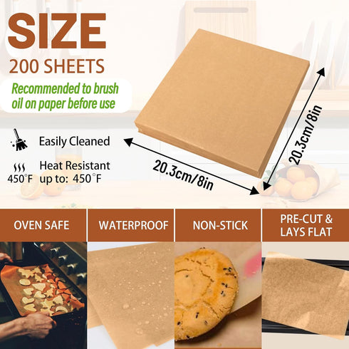 200 Pcs Parchment Paper Baking Sheets, 8"x8" Precut Non-Stick Liners for Baking, Grilling, Air Fryer, Brown