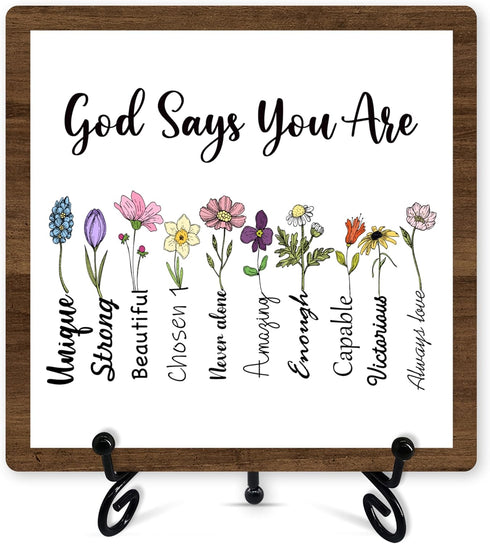 Christian Desk Decor, God Says You Are Wooden Sign with Iron Stand, Bible Verse Gifts for Women Friends