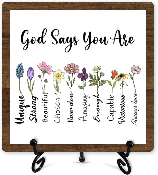 Christian Desk Decor, God Says You Are Wooden Sign with Iron Stand, Bible Verse Gifts for Women Friends