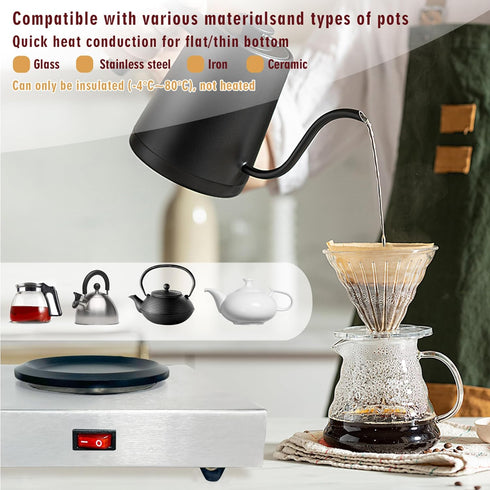 Commercial 60W 176 Commercial Coffee Warmer, Single Burner Decanter Warmer Plate, Stainless Steel Portable Warmer