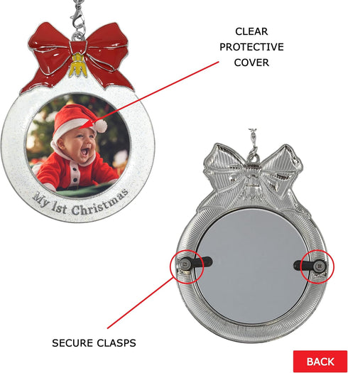 Baby's 1st Christmas Photo Ornament - 2025 Charm, Bulb Shape with White Glitter & Red Bow - Gift-Storage Bag Included,