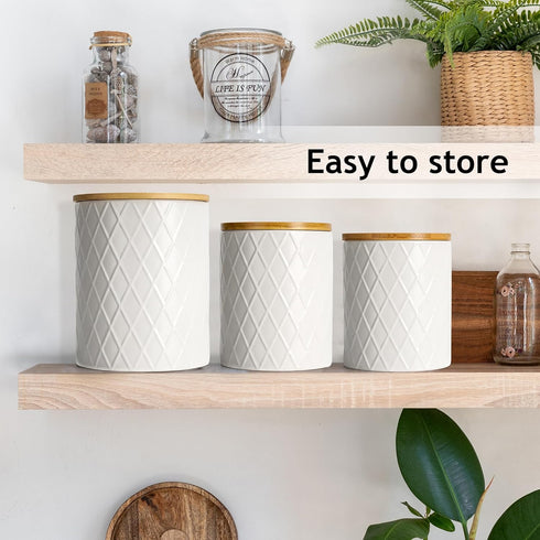 Set 3 Sets Counter, Set MIAMIO of Canister for Kitchen Ceramic Kitchen Canister with Airtight Seal Wooden Lid - Perfect