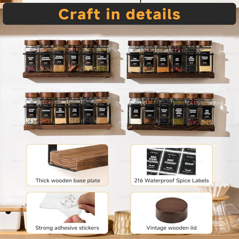 4-Tier 24 216 11.6L 2.4W 3.2H Wall Mount Spice Rack Organizer with Glass Jars, Labels & Funnel - Screw/Adhesive Mount