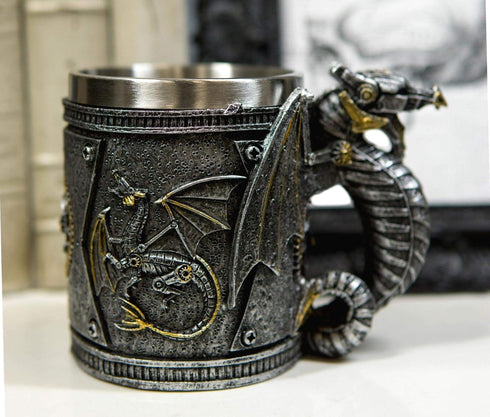 Ebros Gift Steampunk Nightcrawler Silver Firewheel Cyborg Dragon Beer Stein Tankard Coffee Mug