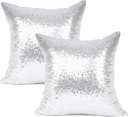 YOUR SMILE Pack of 2 Luxury Series Silver Decorative Sequin & Satin Throw Pillow Covers, 18" x 18"
