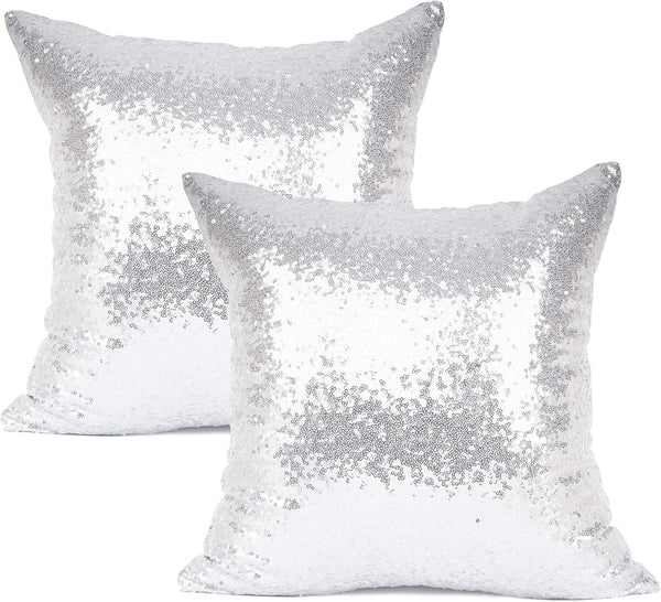 YOUR SMILE Pack of 2 Luxury Series Silver Decorative Sequin & Satin Throw Pillow Covers, 18" x 18"