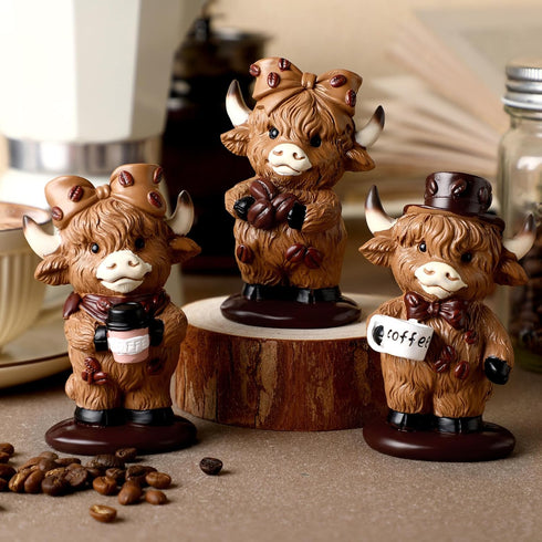 Foilswirl 3 Pcs Coffee Highland Cow Figurines for Book Shelf Desk Decor, Highland Cows Themed Gifts Resin Statue Cow