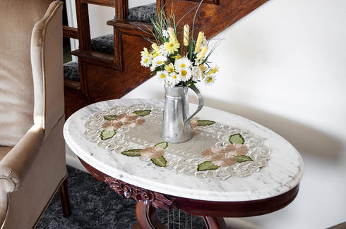 Embroidered Gold Daisy Fleur Latte Table Runner, Dresser Scarf, Coffee Table Doily (12.5Wx26L)