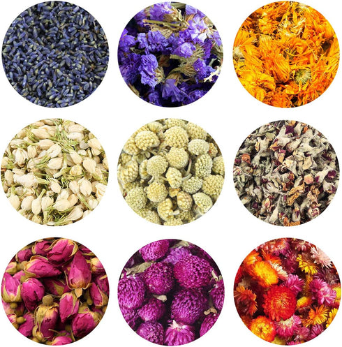 TooGet 9 Bags Set of Fragrant Dried Flowers and Herbs for Soap, Bath Bombs Making, and Crafts Decorations