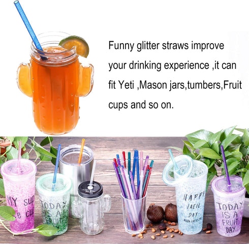 Dakoufish BPA-Free 12 Piece Reusable Clear Plastic Glitter Drinking Straws (11 Inch, Pink) Plus Cleaning Brush