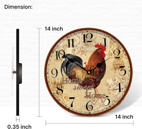 TAHEAT 14 Inch Rustic Rooster Wall Clock, Retro Silent Non-Ticking Decorative Clock for Kitchen/Living Room