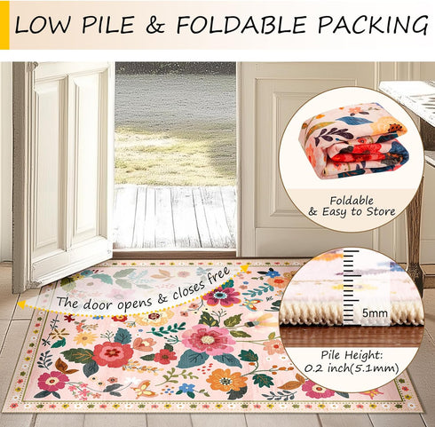 5x7 RELEANY Floral Area Rug Machine Washable Soft Print Boho Carpet Non Slip Doormat Low Pile Flower Area Rugs