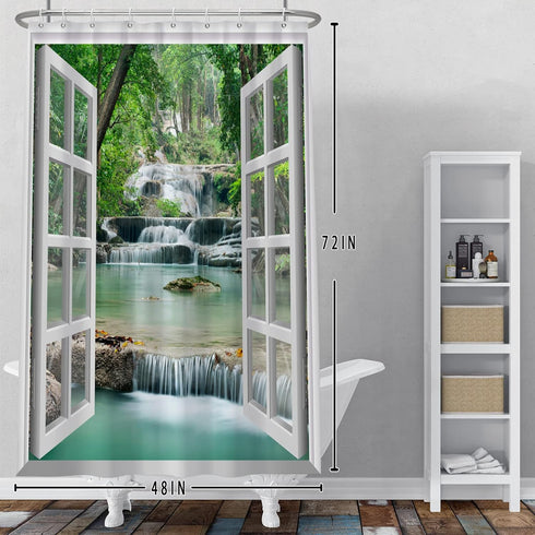 Nature Landscape Shower Curtain, Summer Forest River Waterfall Decorative for Bathroom, Waterproof Fabric 48x72 Inches