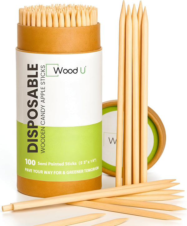 Wooden Candy Apple Sticks - 5.5"x3/16", Disposable 100 Pcs Cocktail Picks and Toothpicks for Appetizers