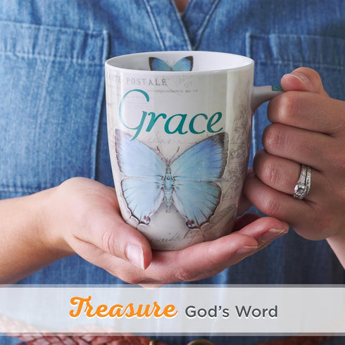 Christian Art Gifts Botanic Blue Butterfly Ceramic Coffee Mug, 12 oz - Inspirational with Bible Verse: Grace - Eph. 2:8