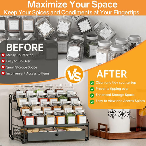 4 Countertop, DTUQYX Spice Rack Organizer for Cabinet: Tier Adjustable Spice Rack Organization with Drawer, Depth Metal
