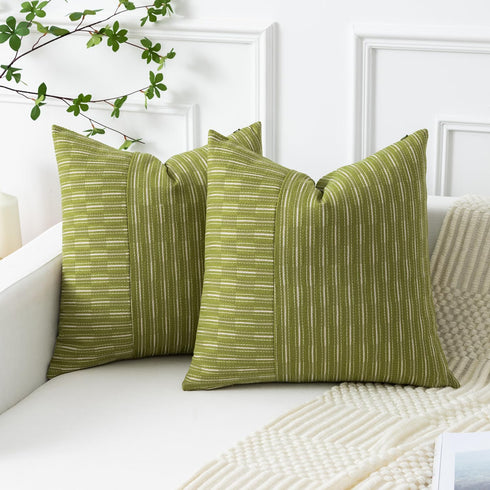 Kevin Textile Light Green and Beige Farmhouse Striped Patchwork Linen Spring Decorative