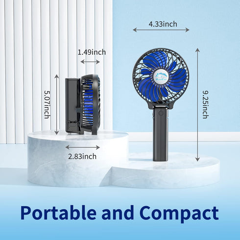 HandFan Mini Personal Fan, Portable Handheld, Battery Operated, 180° Foldable, USB Powered, Black & Blue