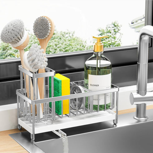 Cisily Sponge Holder for Kitchen Sink | Stainless Steel Silver Sink Caddy with High Brush Holder | Kitchen Accessories