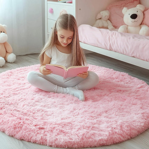 OLANLY Pink Round Rugs for Bedroom, 4x4 Feet Machine Washable Circle Area Rugs, Soft Fluffy Shaggy Carpet for Home Decor
