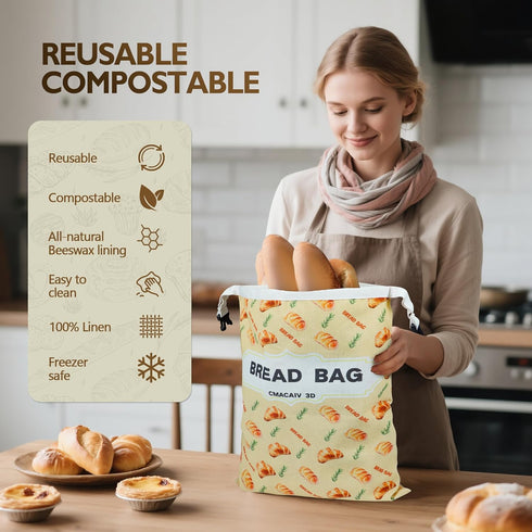 CMACAIV 3D 2-Pack Bags,17"13"Reusable Beeswax Bread Bread Bags for Homemade Bread Sourdough,Linen Outer Lining and Pure