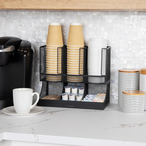 Mind Reader Cup and Condiment Station, Countertop Organizer for Coffee Bar, Metal Mesh, 13"L x 6.45"W x 11.25"H, Black