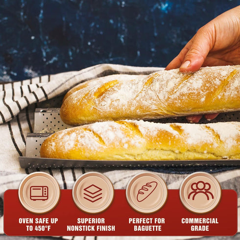 KITESSENSU Silver Nonstick Baguette Pans for Baking French Bread, Perforated 4 Loaves Tray, 15" x 13"