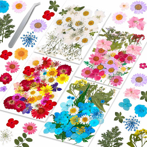 153 Pcs Dried Pressed Flowers for Crafts, Real Wildflowers and Dry Leaves with Tweezer for Jewelry, Candle, Soap Making