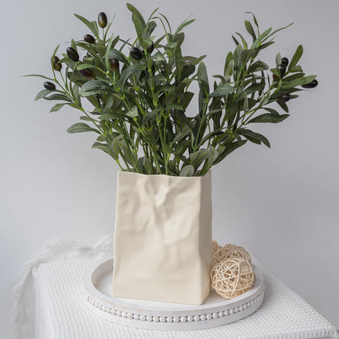 8 Inch Relexome Paper Bag Vase Crinkle Wide Ceramic Flower Vase Cream White Boho Wabi-Sabi Vases, Cute Home Office