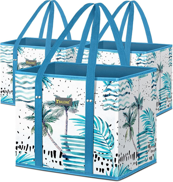 BALEINE 3Pk Reusable Grocery Bags, Foldable Shopping Bags for Groceries with Reinforced Bottom