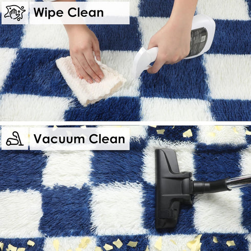 KICMOR 4x6 Navy Blue and Cream White Rugs for Living Room, Fluffy Fuzzy Shag Checkered Rug Shaggy Carpet for Bedroom