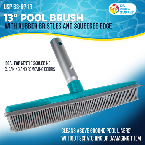 13" U.S. Pool Supply Pool Brush with Rubber Bristles and Squeegee Edge - Safe for Vinyl Liners, Ideal for Above-Ground