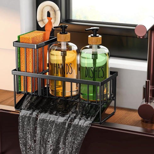 Cisily Kitchen Dish Soap Dispenser Set with Black Sponge Holder and 2