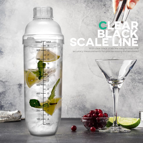 Homestia Plastic Cocktail Shaker with Measuring Jigger Set - 1000cc / 33 oz Clear Plastic Bottle Boba Tea Shaker Cup