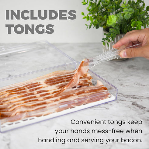 Bacon Keeper Storage Container with Tong, Deli Meat Storage Container with Perforated Tray for Freshness, Clear Durable