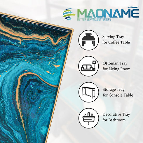 15.7 11.8 MAONAME Plastic Decorative Tray, Marbling Tray with Handles, Rectangular Coffee Table Trays, Blue Serving
