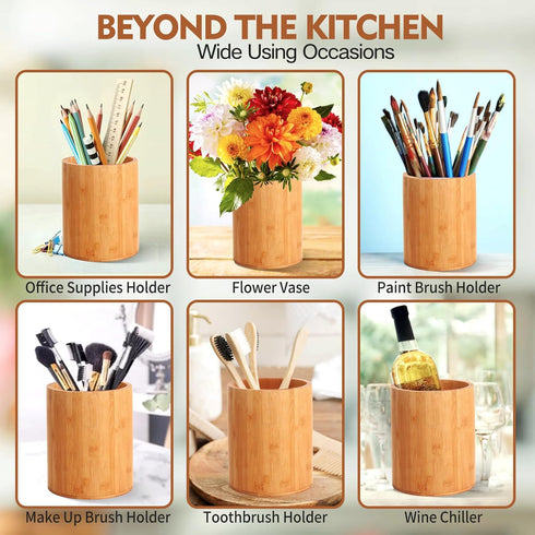 Bamboo Utensil Holder, Large Kitchen Counter Spoon and Chopstick Organizer, Flatware Storage for Countertop