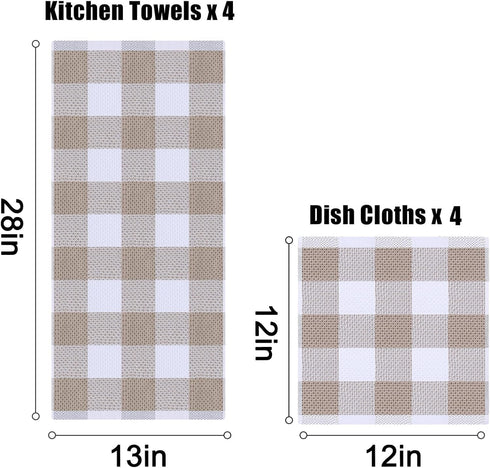 Set, 12 12 13 28 Inches, Set 8 100% Homaxy Kitchen Towels and Dishcloths x and x of Cotton Waffle Weave Check Plaid