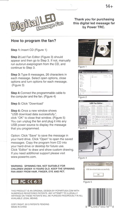 PowerTRC LED Programmable Message Fan with Customized Drawing, USB Powered (Green LED)