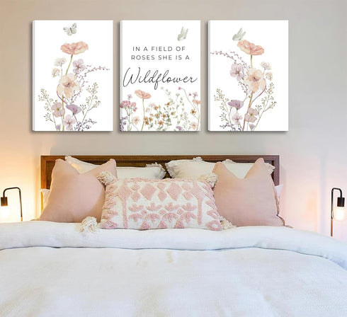 Dawaqwe 3PcsFramed Wildflower Nursery Canvas Wall Art Flower Botanical Sentence Poster Pink Watercolor Floral Girl's