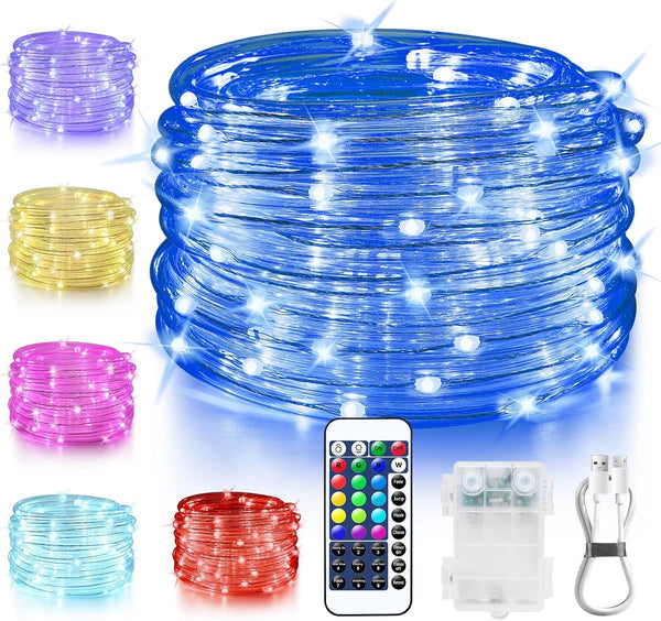 OMIKA 33FT Battery Operated Outdoor Rope Lights - 100 LED Color Changing Tube with 132 Modes Remote for Decor