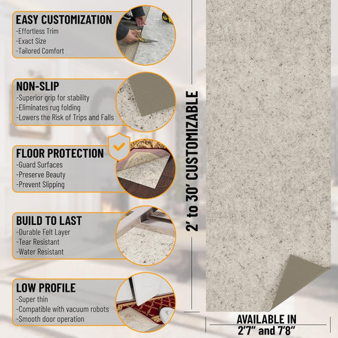2'7" 7' 1/12 Inch Ottomanson x Non-Slip Rug Pad Gripper Ultra Thin Dual Surface Felt + Rubber Gripper - Safe for All