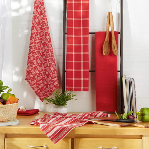 DII Assorted Woven Kitchen Set, 5 Piece, Red, Dishtowel 18x28, Dishcloth 13x13