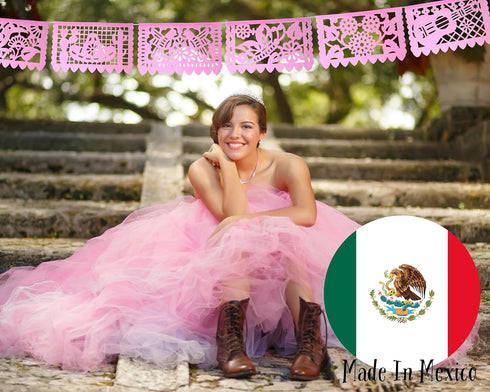 Mexican Banner Flags Light Pink Papel Picado - Over 60 feet Long Pastel Pink Tissue Paper Garland for Weddings,
