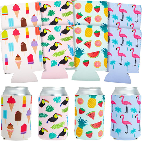 BLUE PANDA Neoprene Can Cooler Sleeves - 12-Pack Summer Gift for Teacher, 4 Tropical Designs, Fits 12 Oz