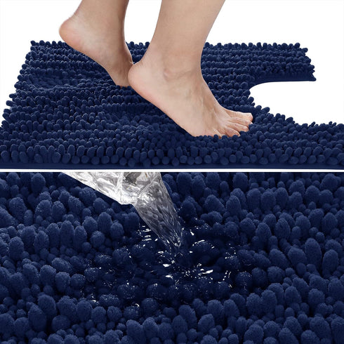Yimobra Luxury Shaggy U-Shaped Toilet Rug, 24.4 x 24.4 Inches - Soft Non-Slip Bath Carpet, Navy Blue